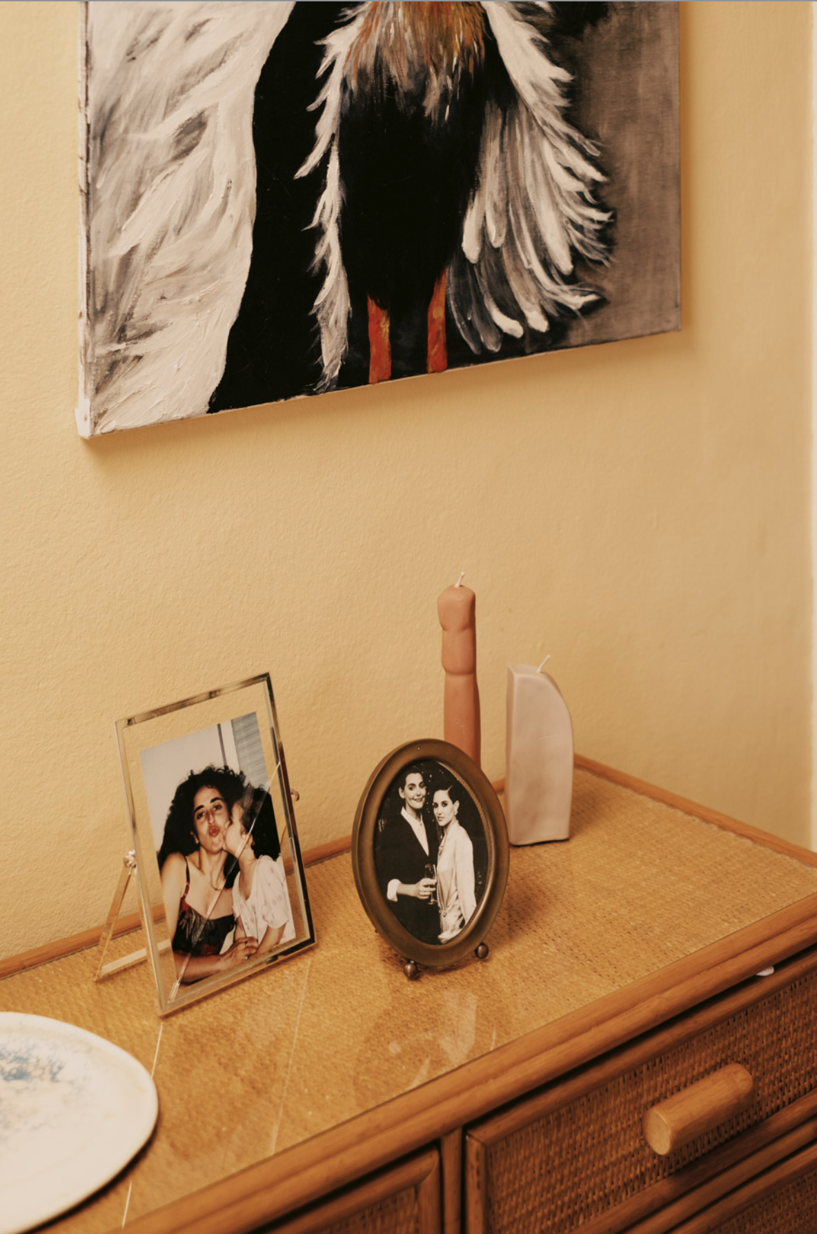 A picture of a bird on a dresser.
