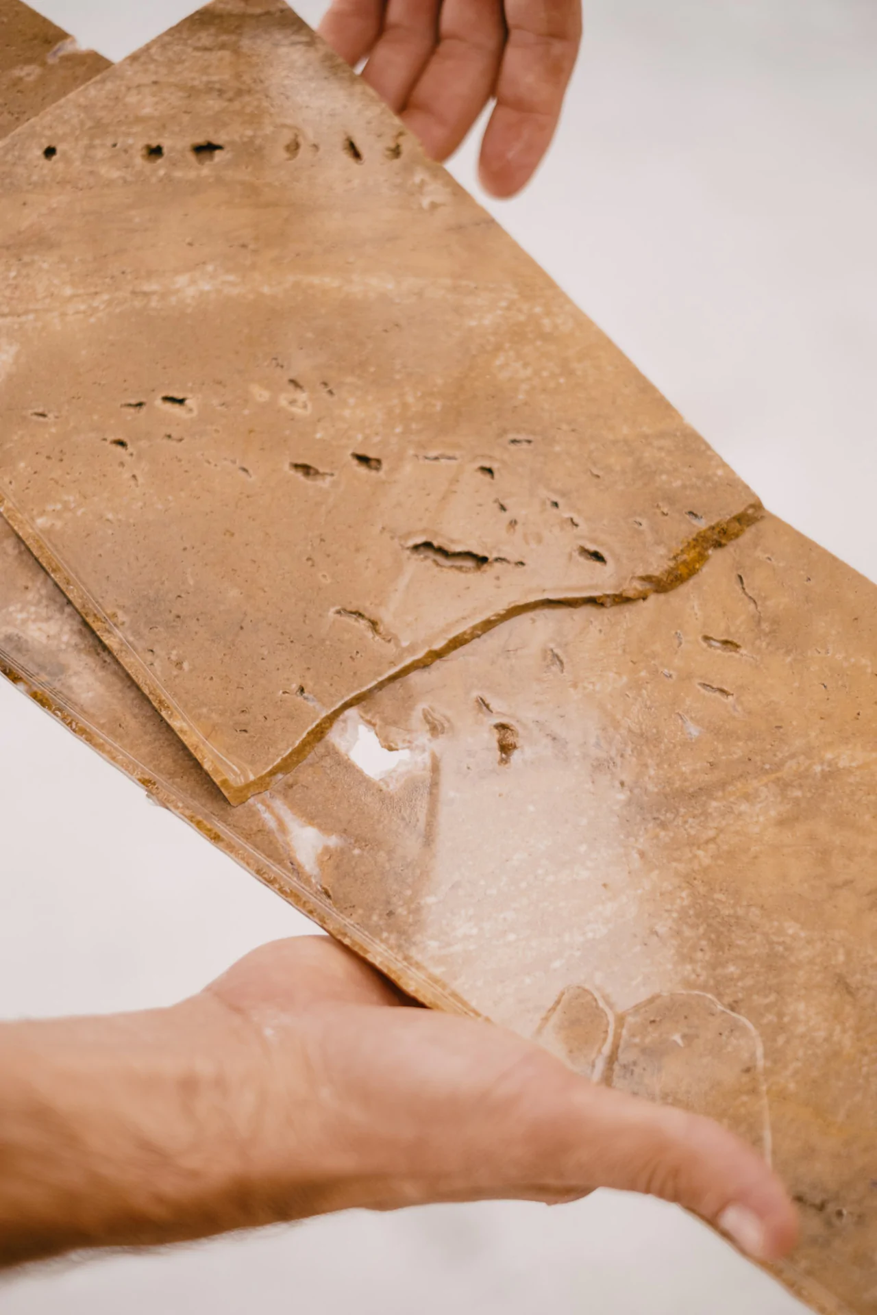Hands holding a piece of beige, textured stone with visible holes and natural imperfections.