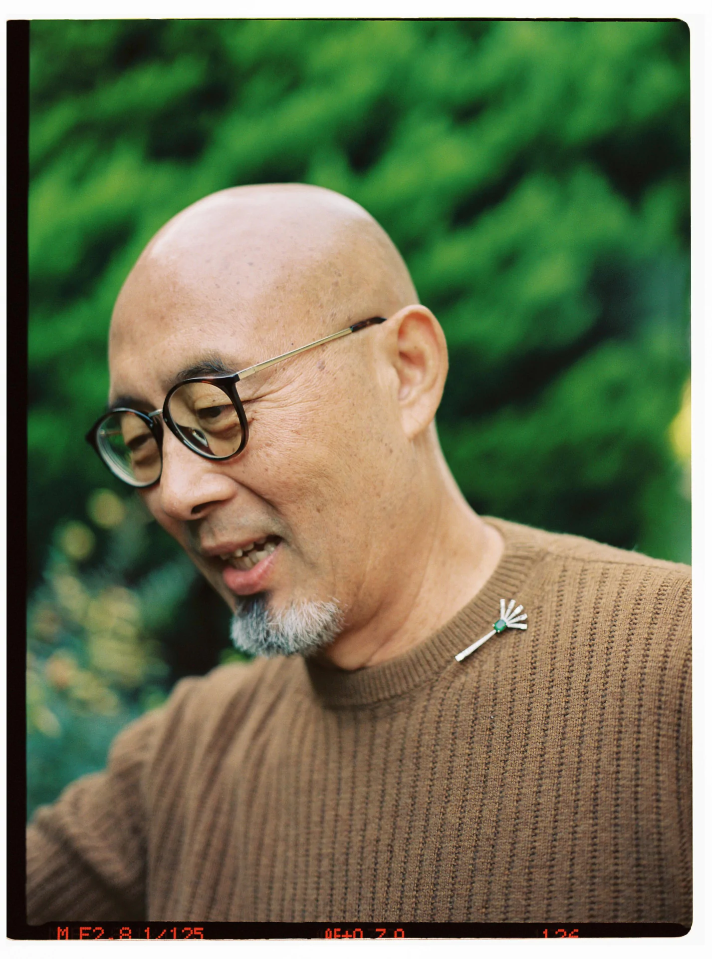 Bald man with glasses and goatee, wearing a brown sweater and brooch, standing outdoors with greenery in the background.