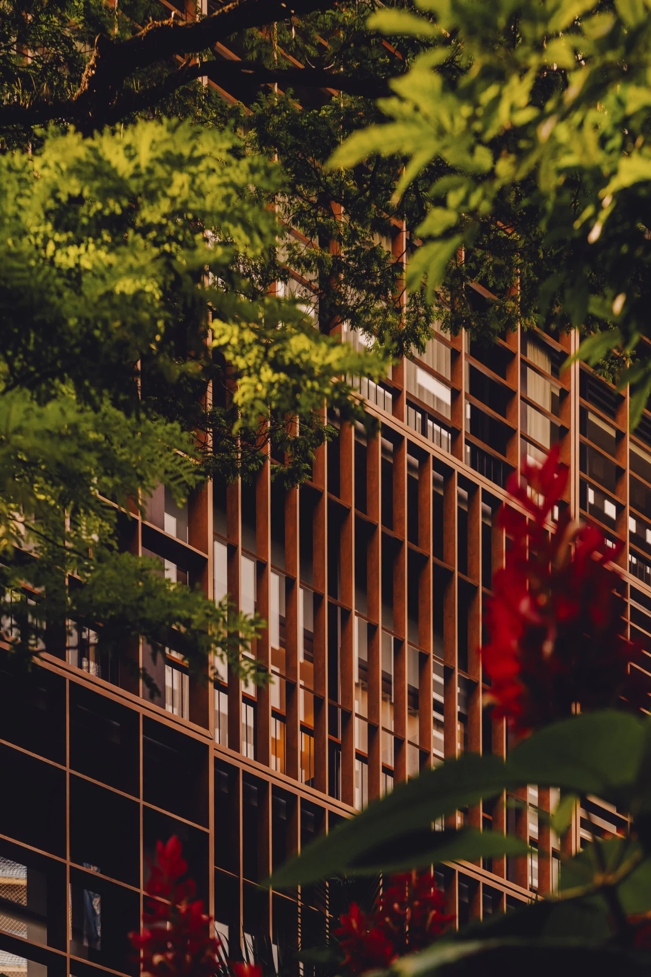 A modern building with a wooden slatted facade is partially obscured by green foliage and red flowers in the foreground.