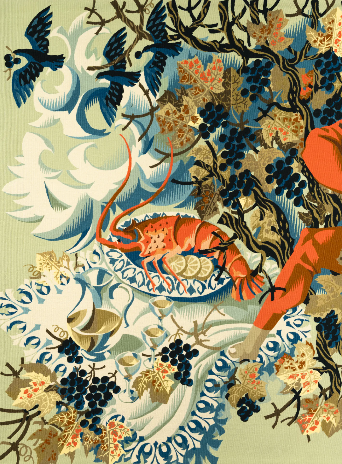 Colorful illustration showing a cooked lobster on a decorative plate, grapevines, birds, and part of a person’s arm amidst ornate patterns and swirling foliage.