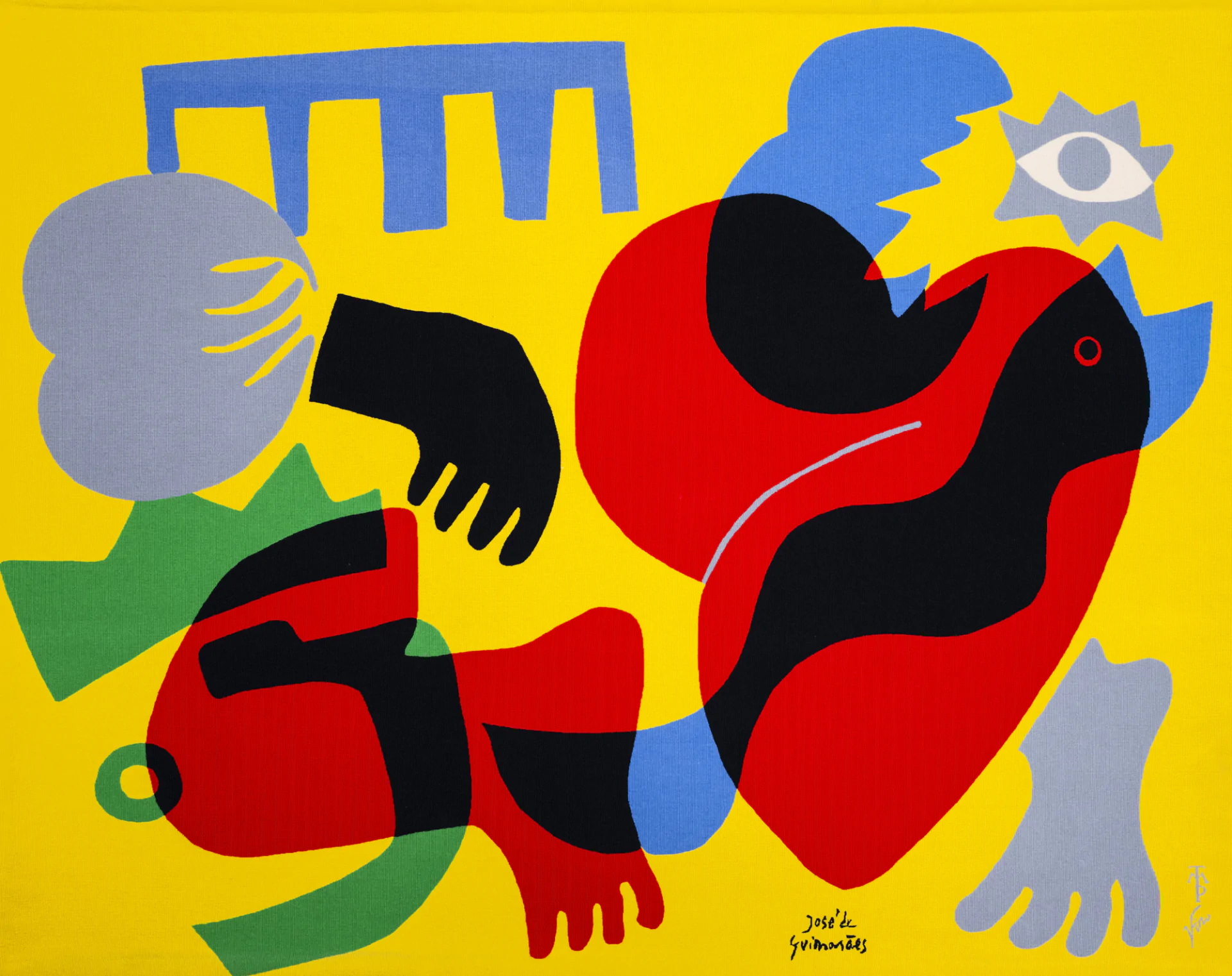 Abstract artwork featuring bold shapes in red, black, blue, grey, and green on a yellow background. Elements include a heart, hands, an eye, and geometric forms. Signature visible lower right.