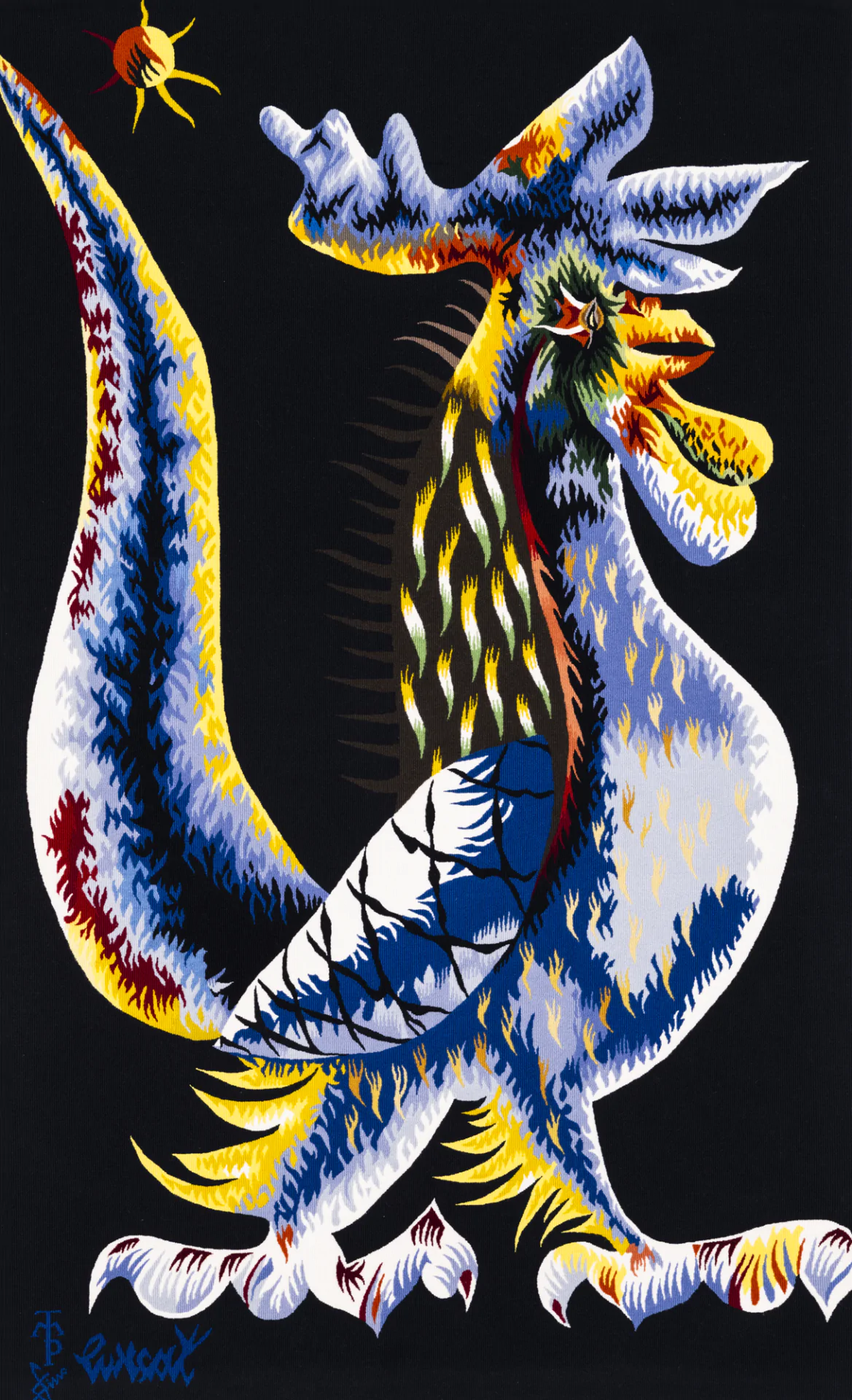 Colorful abstract rooster with exaggerated features and brushstroke textures, standing upright on a black background with a small yellow sun in the corner.