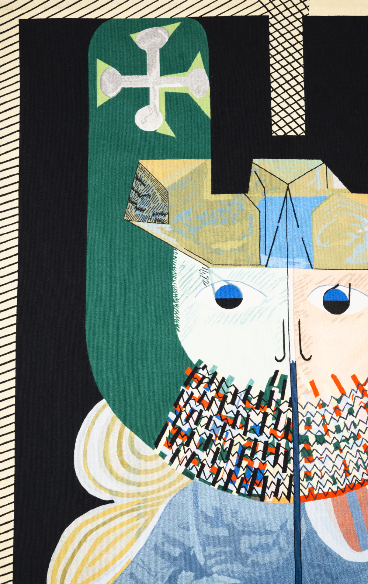 Abstract illustration of a person in armor with a blue sword, colorful beard, and a green helmet featuring a white cross. Bold colors and geometric shapes dominate the composition.